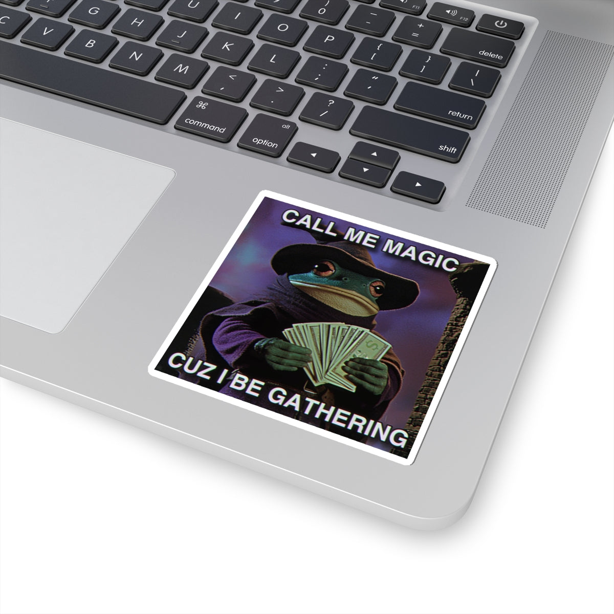 Laptop with a sticker on the palm rest area