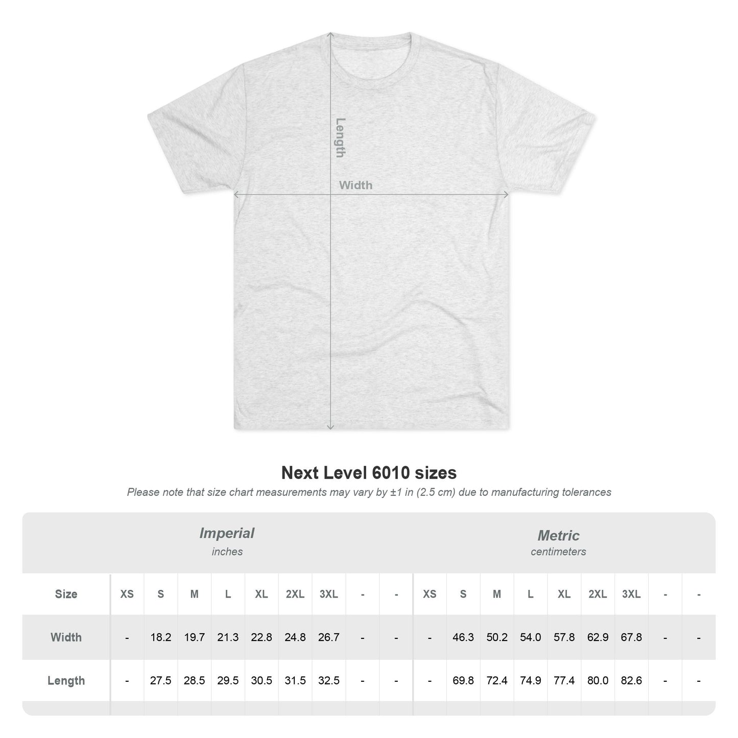 Size Chart for Next Level 6010 T-shirt