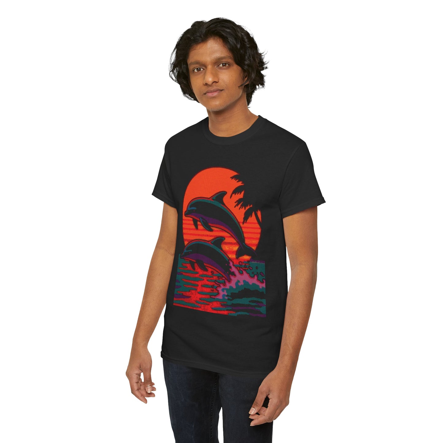 Man wearing Dithered Retro Design of two dolphins jumping out of the water in front of a sunset with tropical palm trees on a black shirt