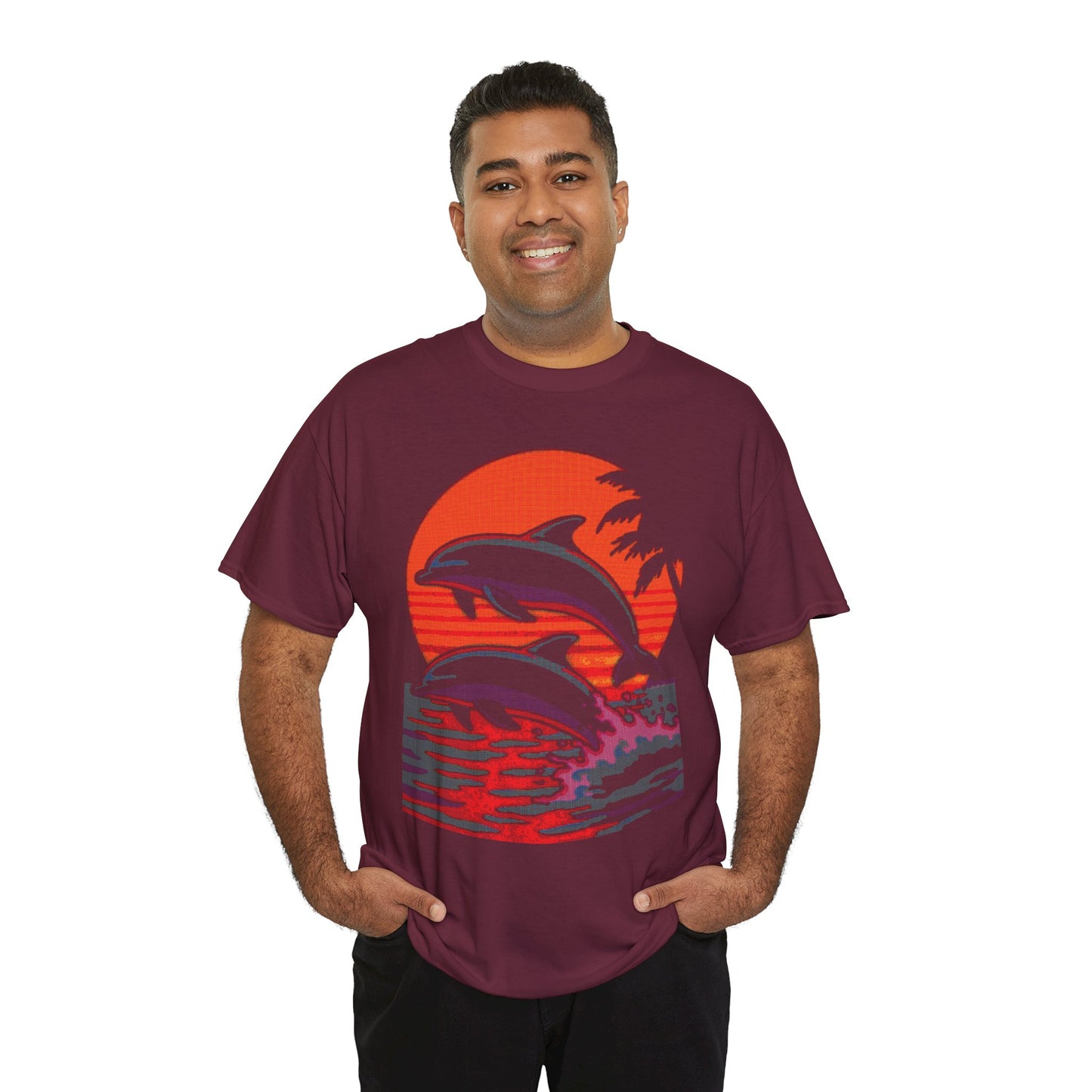 Man wearing Dithered Retro Design of two dolphins jumping out of the water in front of a sunset with tropical palm trees on a Maroon shirt