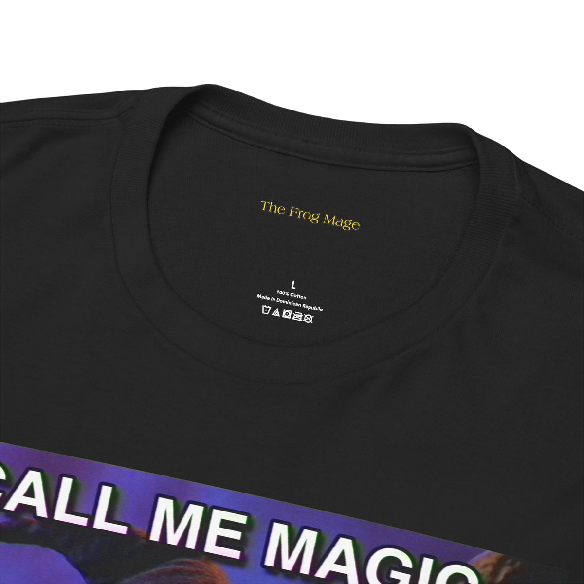 Close-up of a black crewneck t-shirt showing the inner neck label with The Frog Mage printed on inside.