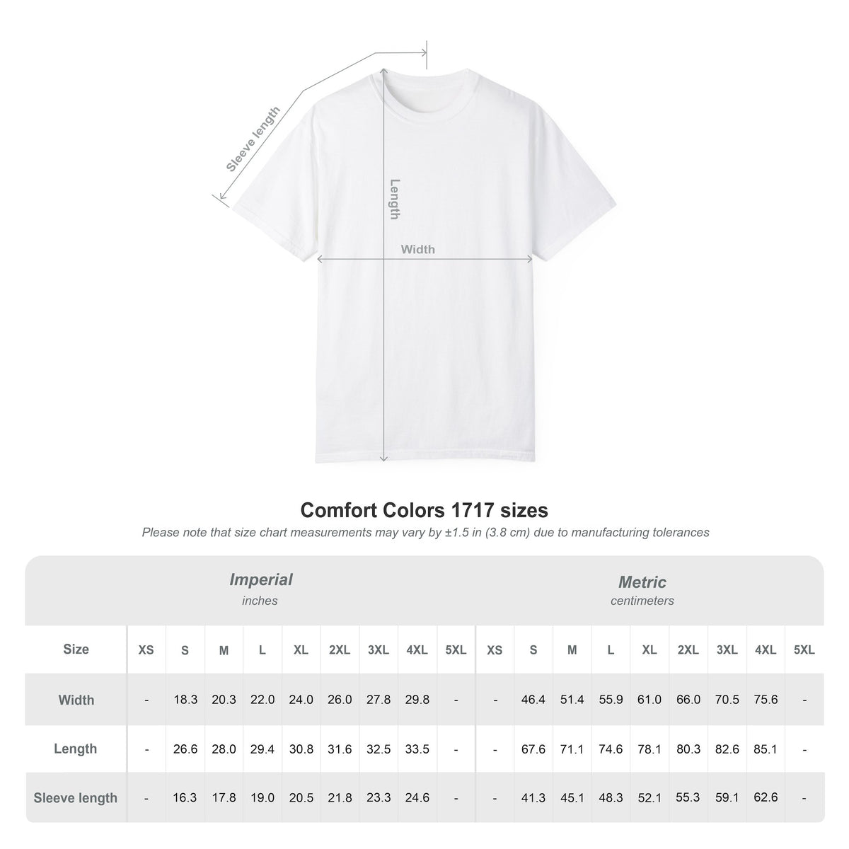 Comfort Colors 1717 size chart