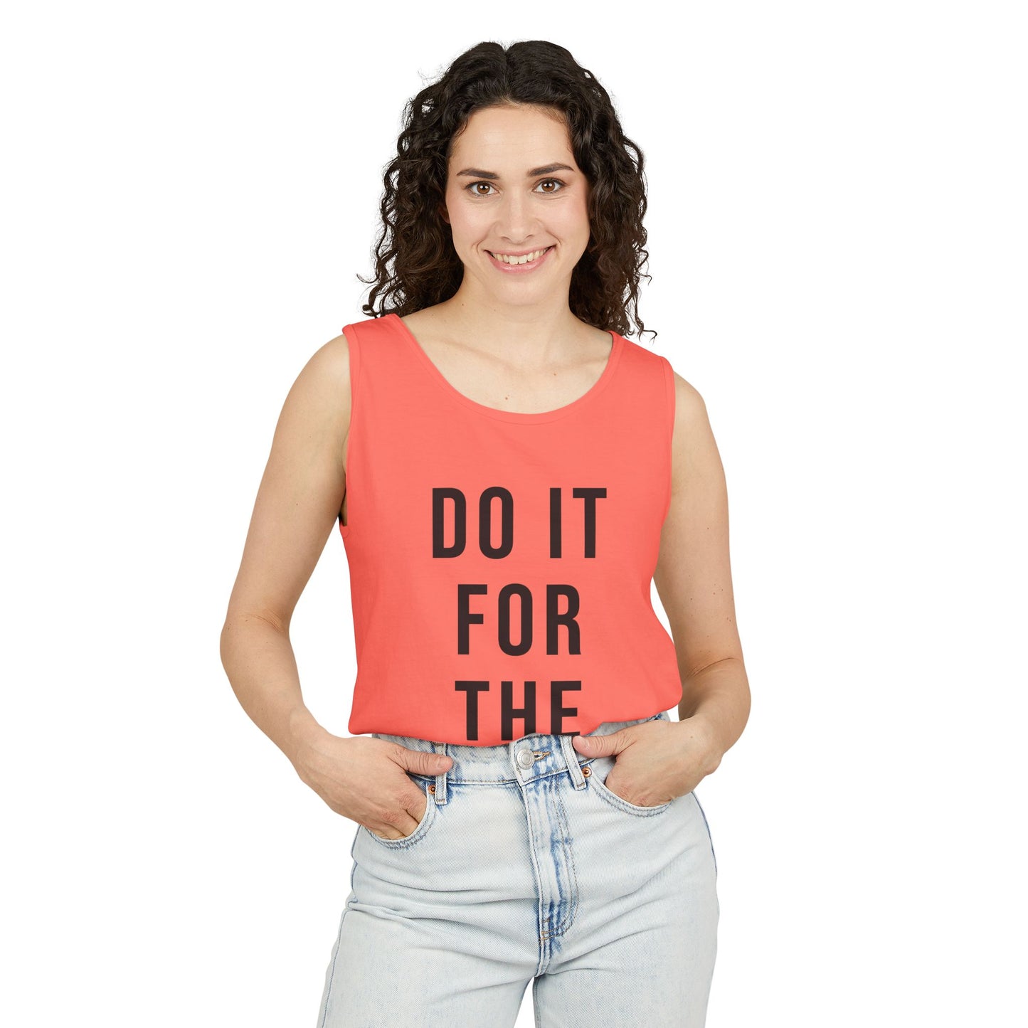 Woman wearing Neon Red Tank Top with the bold text "DO IT FOR THE LORE" 