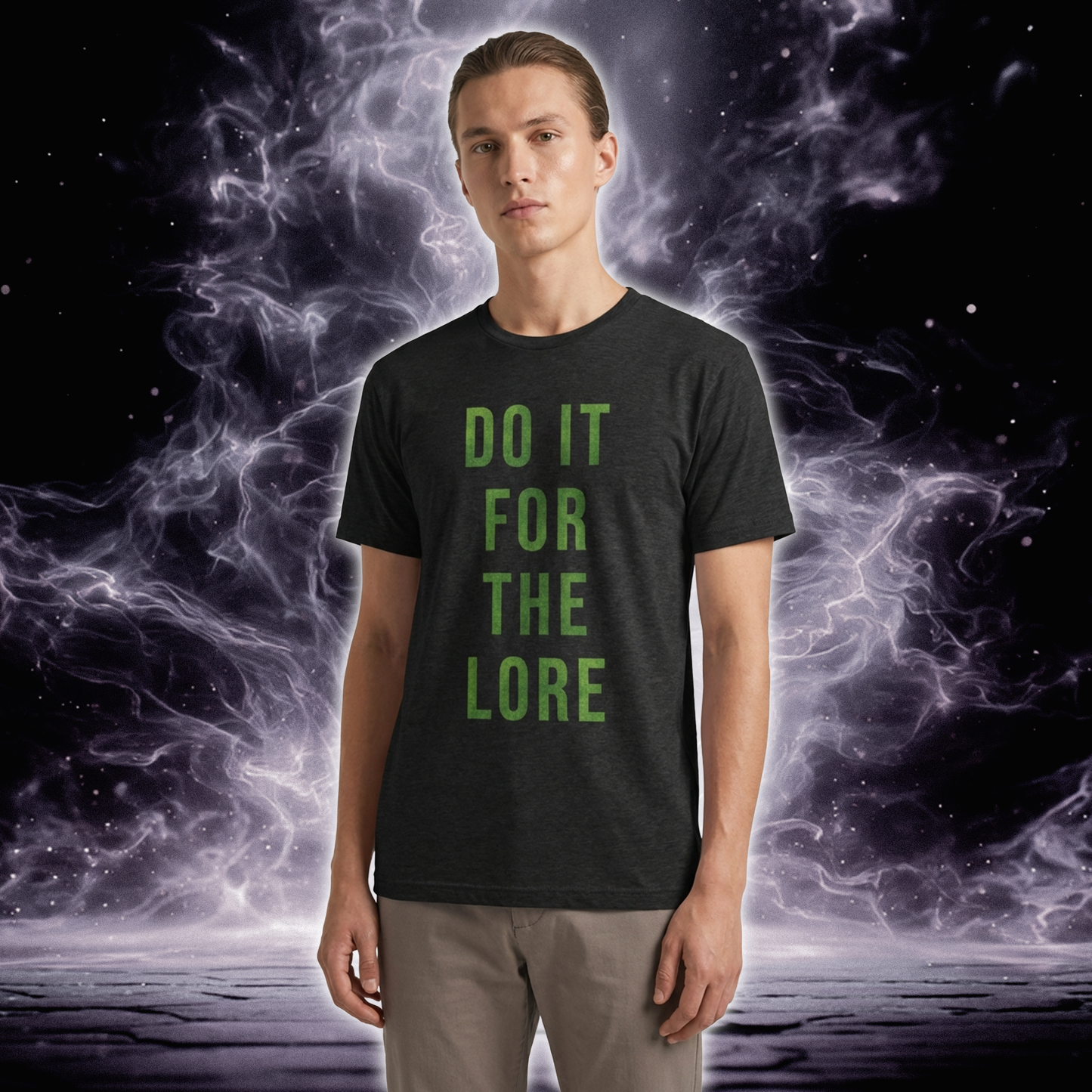 Person wearing a black t-shirt with 'DO IT FOR THE LORE' text against a mystical background