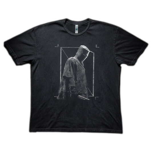 Acid Wash T-Shirt featuring a knight in armor wearing a baggy t shirt holding a sword with a geometric pattern behind him
