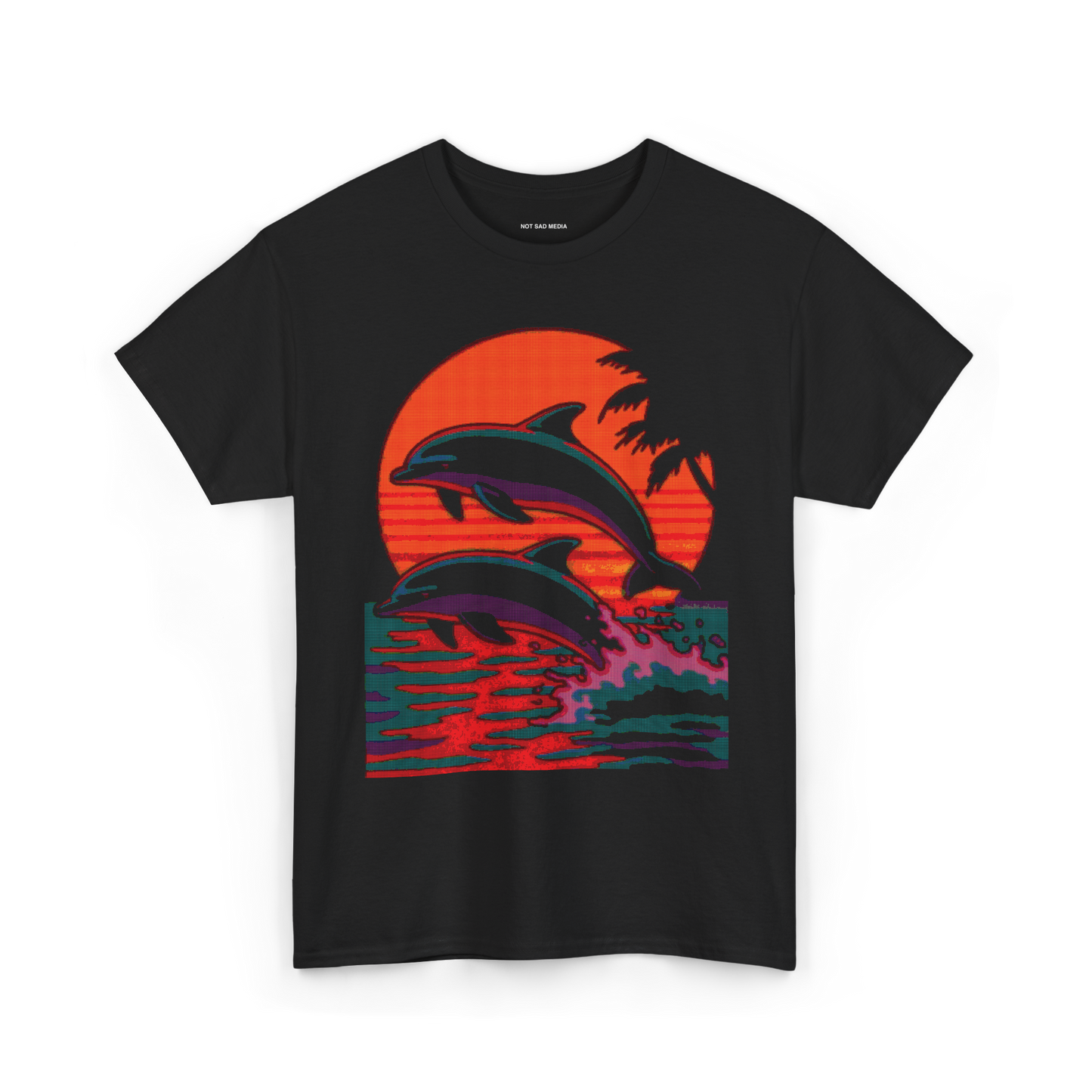 Dithered Retro Design of two dolphins jumping out of the water in front of a sunset with tropical palm trees on a black shirt