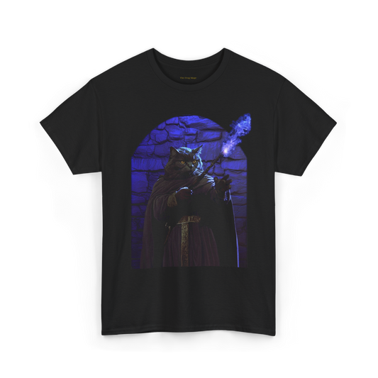 A black t-shirt featuring a graphic print of a cat wizard with a magic wand with blue magic emitting from it