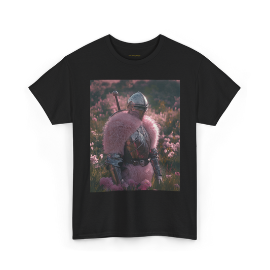 black shirt featuring a knight in armor with pink fur standing in a field of pink flowers