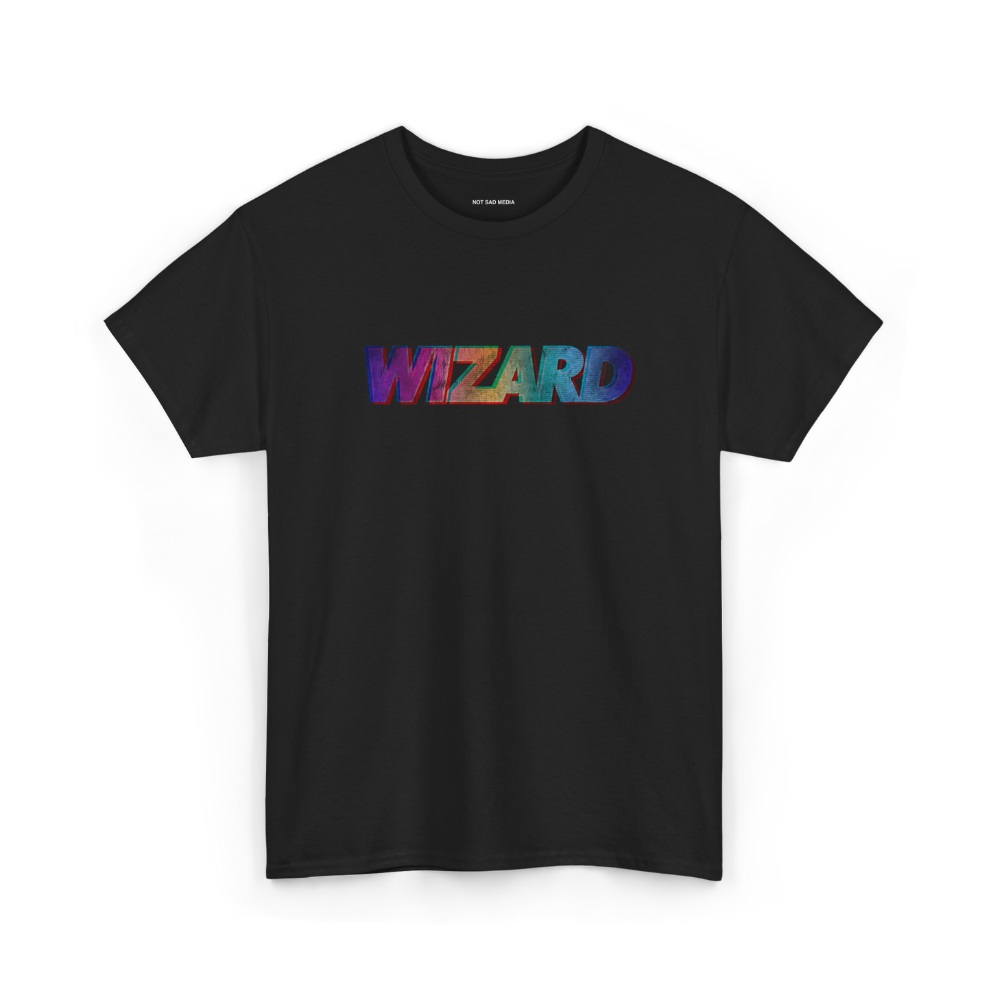 Black t-shirt with 'WIZARD' in colorful letters