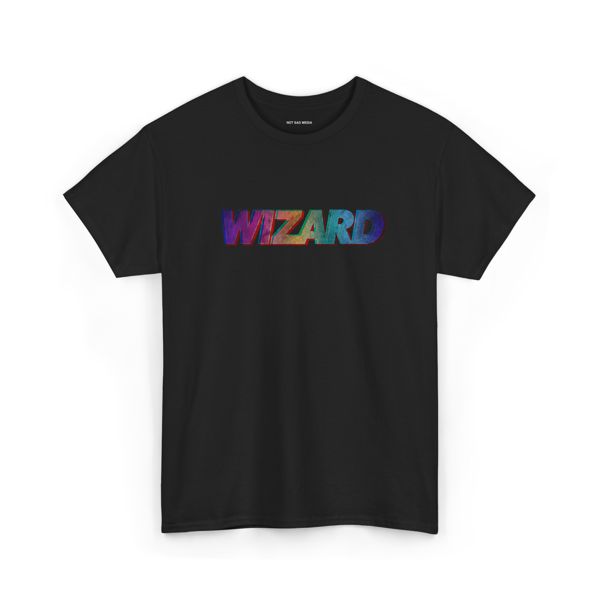Black t-shirt with 'WIZARD' in colorful letters