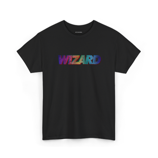 Black t-shirt with 'WIZARD' in colorful letters