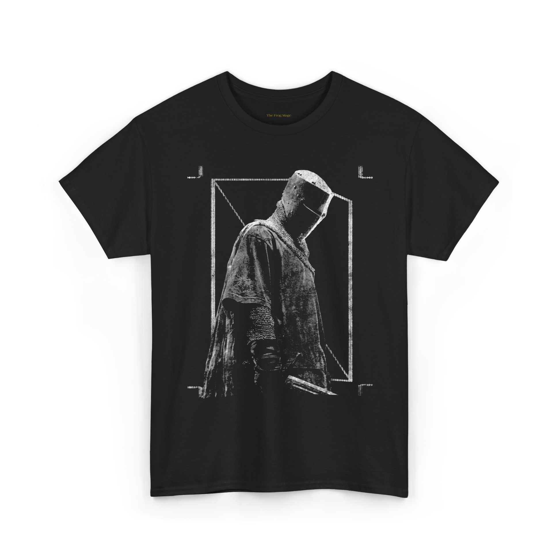 Black t-shirt with a graphic design of a knight