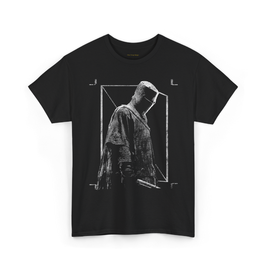 Black t-shirt with a graphic design of a knight