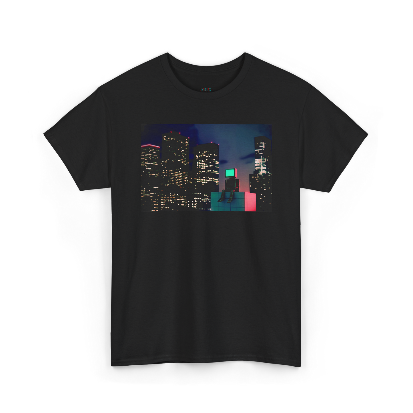 Shirt featuring a robot sitting in front of a city 