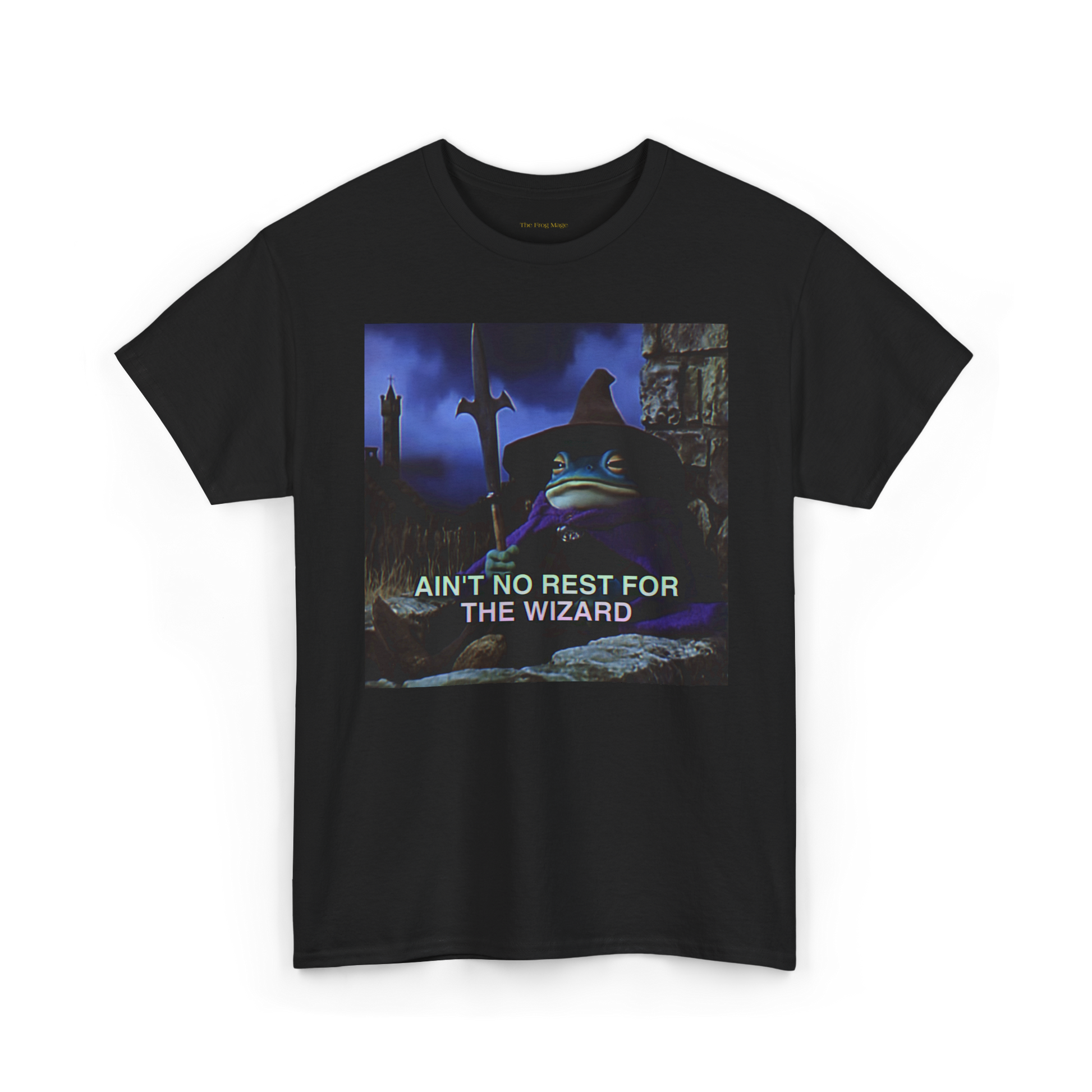shirt featuring a frog wizard laying down with text