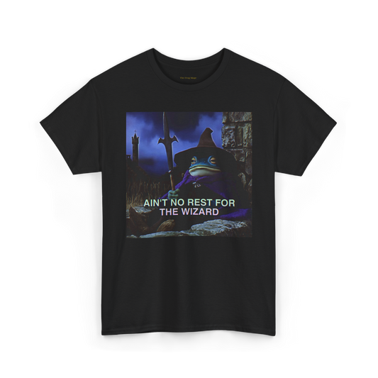 shirt featuring a frog wizard laying down with text