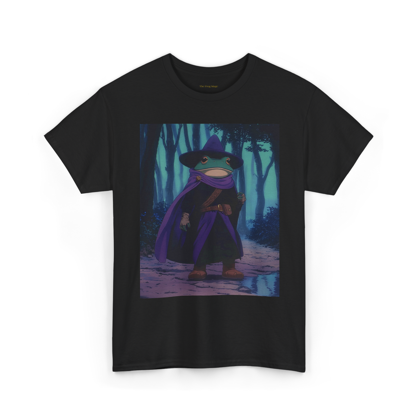 A black t-shirt with a graphic print of the frog mage in anime style on the front, wearing a purple robe and a hat, standing in a forest setting.