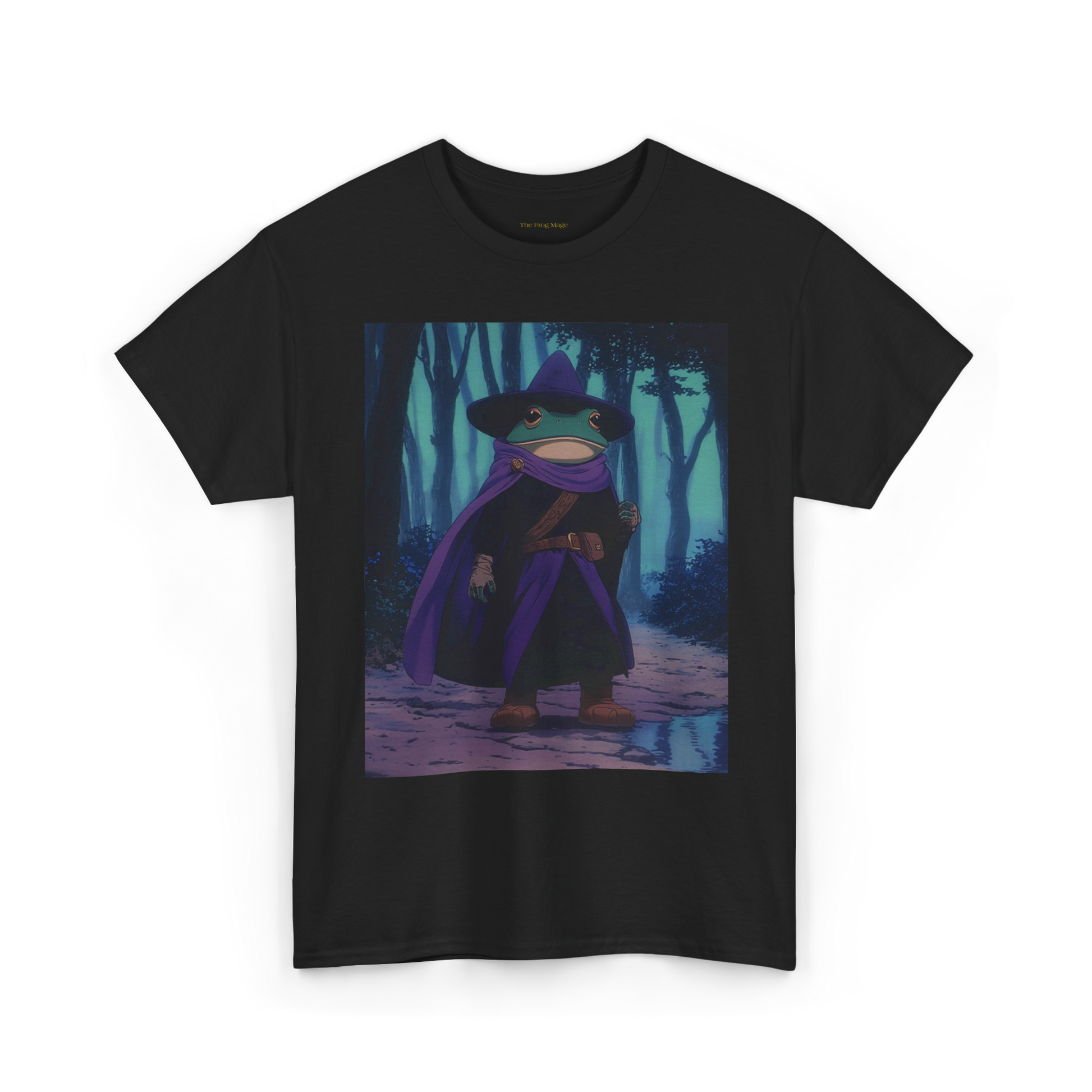 A black t-shirt with a graphic print of the frog mage in anime style on the front, wearing a purple robe and a hat, standing in a forest setting.