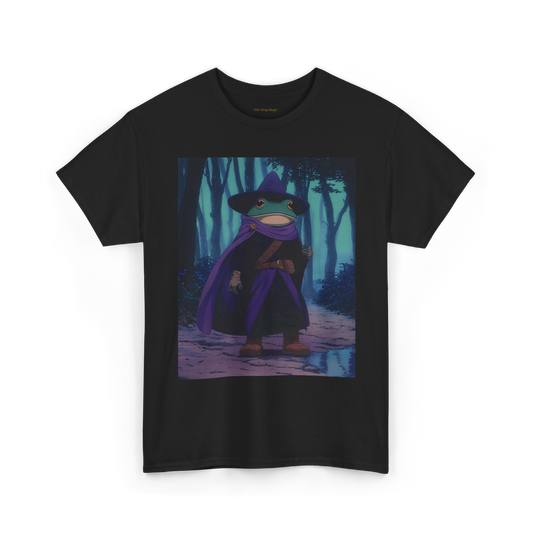 A black t-shirt with a graphic print of the frog mage in anime style on the front, wearing a purple robe and a hat, standing in a forest setting.