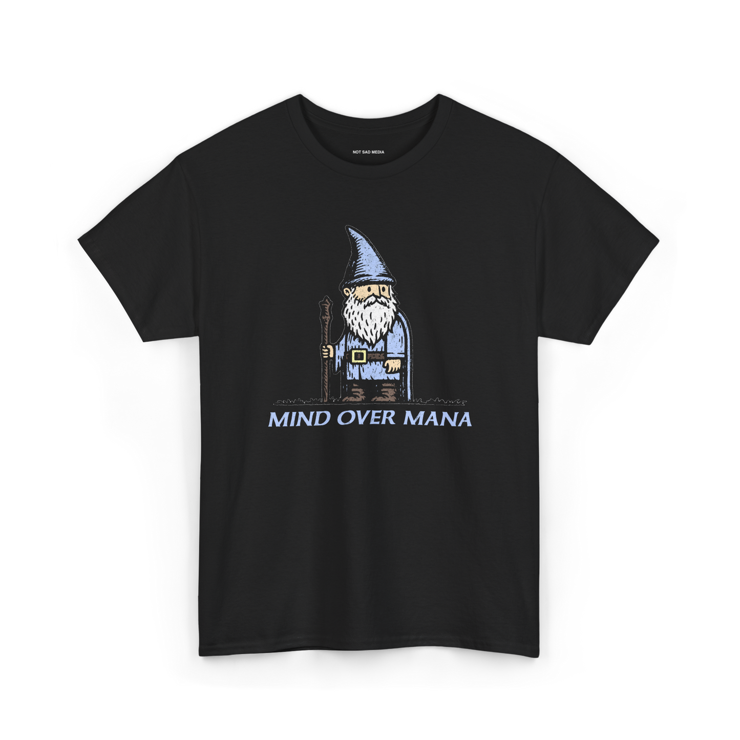 Black t-shirt with a wizard graphic and 'MIND OVER MANA' text 