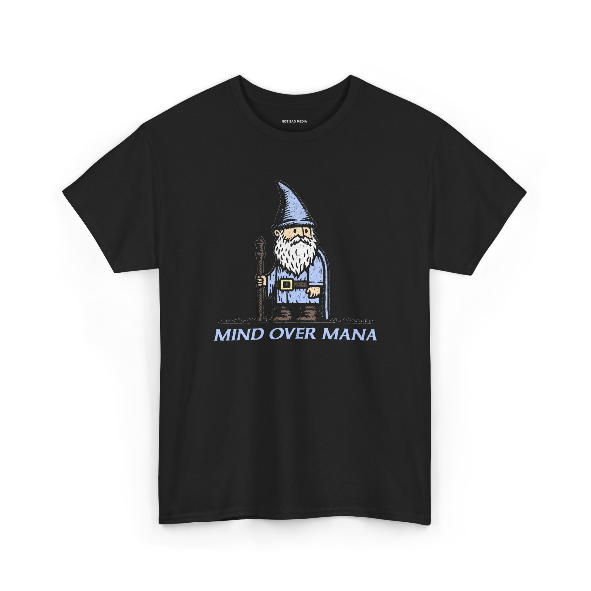 Black t-shirt with a wizard graphic and 'MIND OVER MANA' text 