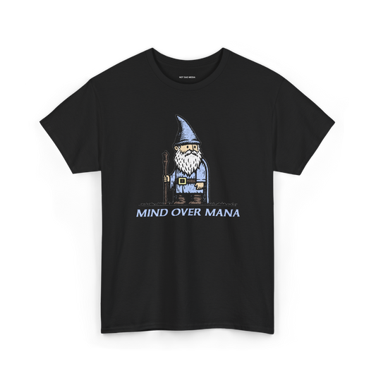 Black t-shirt with a wizard graphic and 'MIND OVER MANA' text 