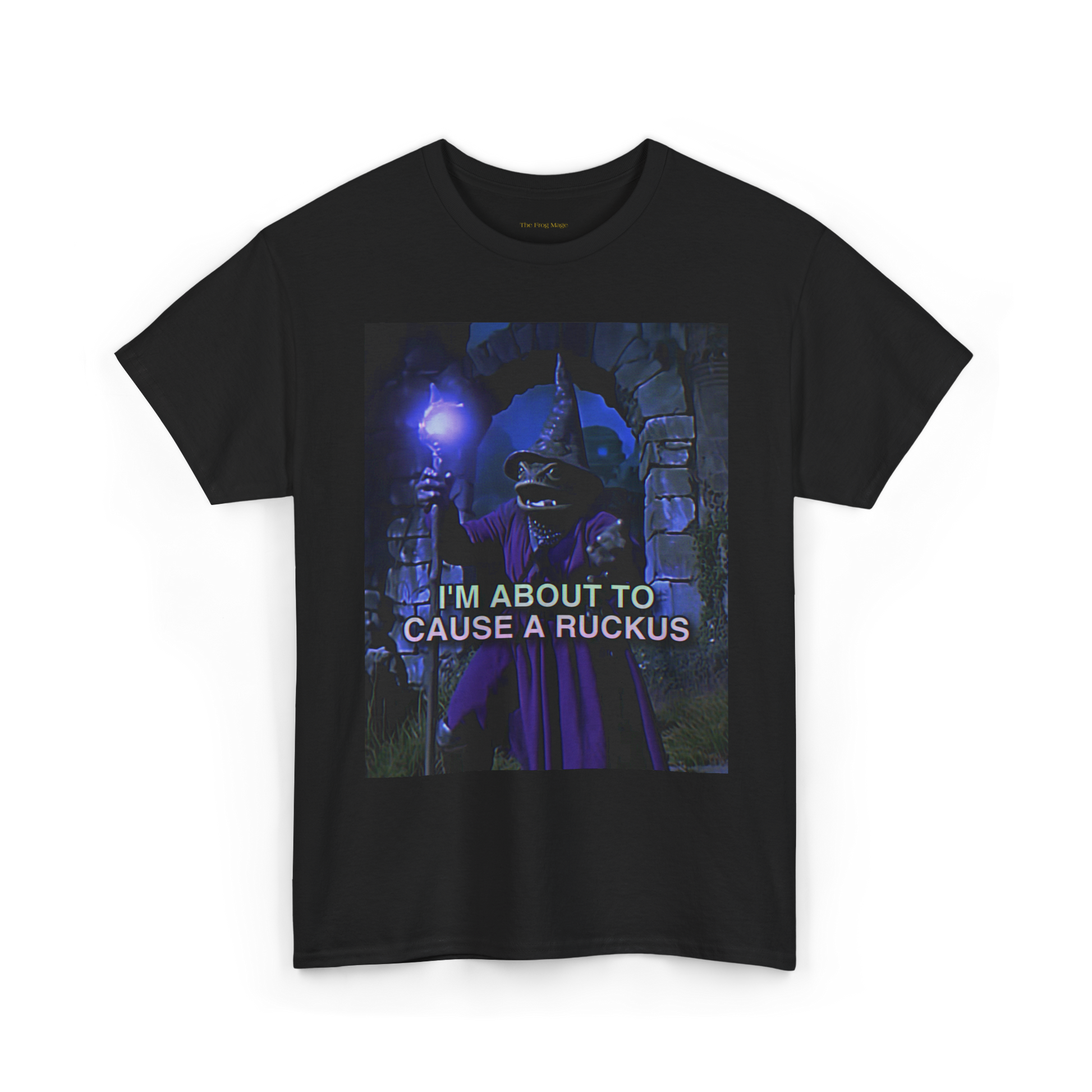 Black crew neck t-shirt with a graphic print of a frog wizard character and the phrase 'I'M ABOUT TO CAUSE A RUCKUS' on the front.