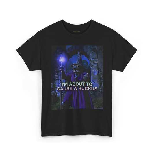 Black crew neck t-shirt with a graphic print of a frog wizard character and the phrase 'I'M ABOUT TO CAUSE A RUCKUS' on the front.