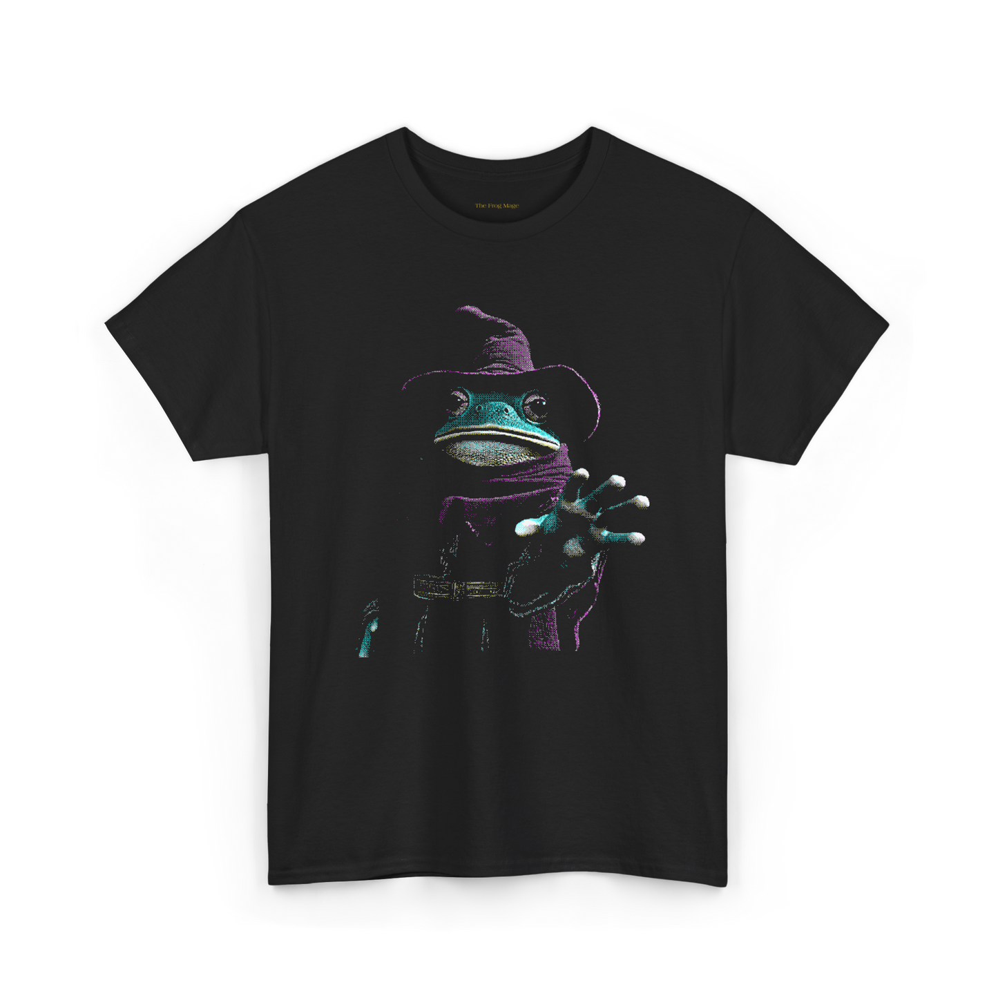 Black T-Shirt of a dithered image of The Frog Mage reaching out towards the viewer
