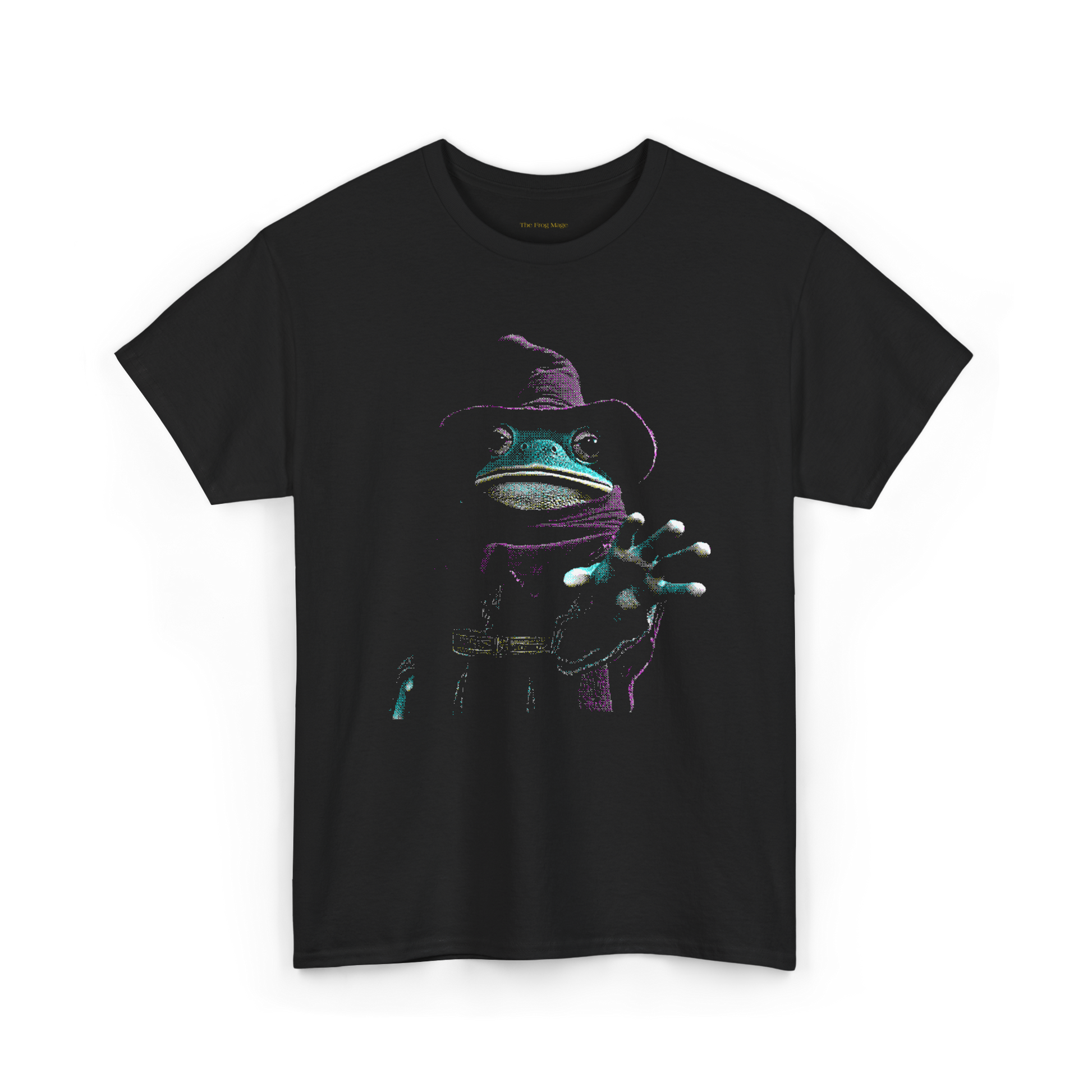 Black T-Shirt of a dithered image of The Frog Mage reaching out towards the viewer