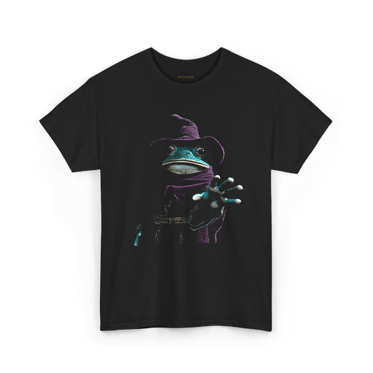 Black T-Shirt of a dithered image of The Frog Mage reaching out towards the viewer