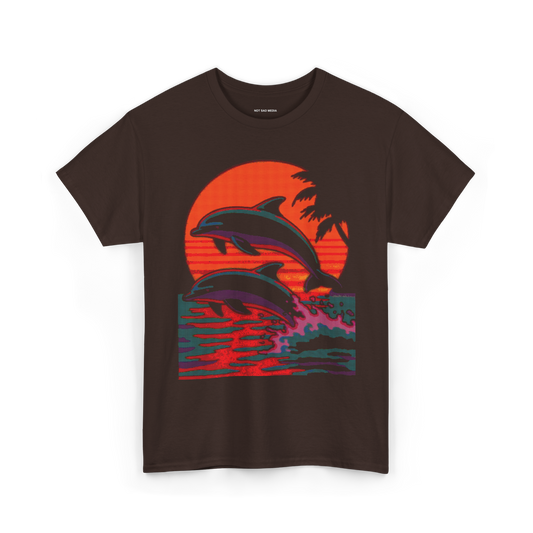 Dithered Retro Design of two dolphins jumping out of the water in front of a sunset with tropical palm trees on a brown shirt