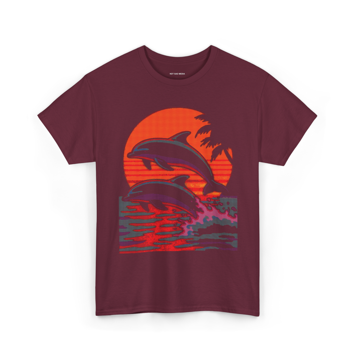 Dithered Retro Design of two dolphins jumping out of the water in front of a sunset with tropical palm trees on a maroon shirt