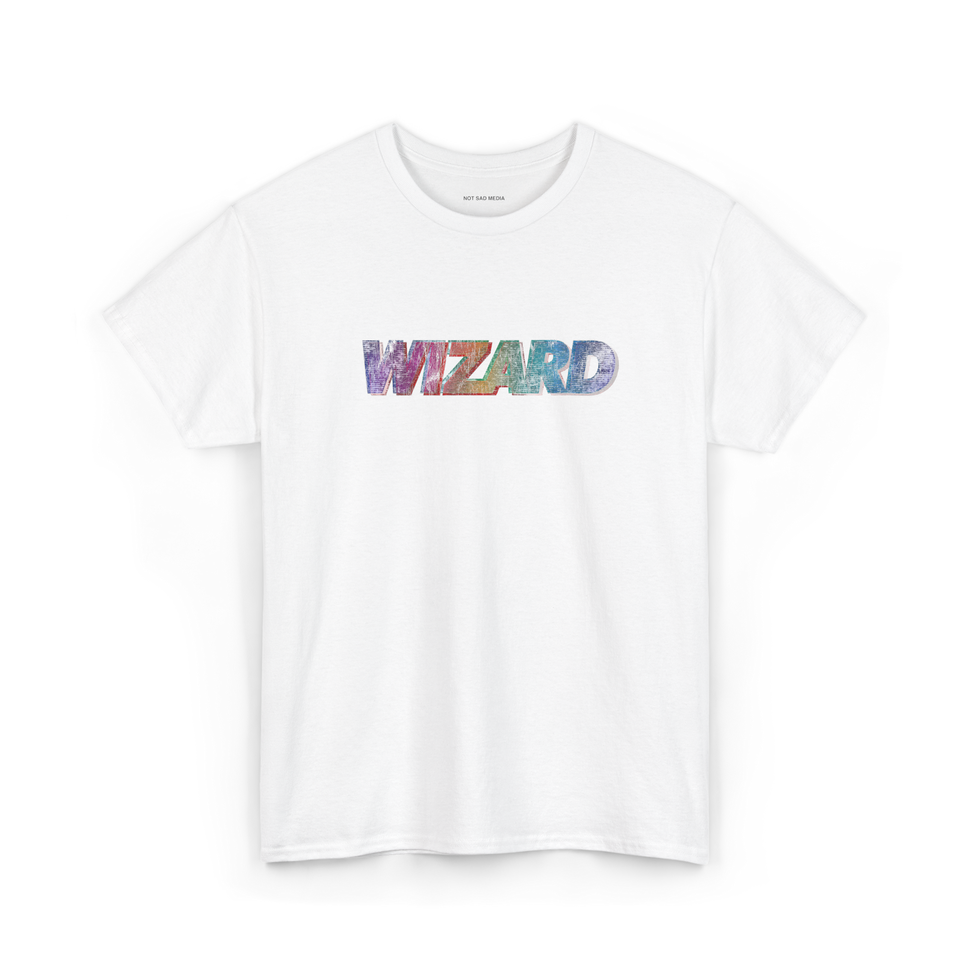 White t-shirt with 'WIZARD' printed in colorful letters