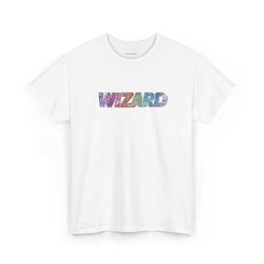 White t-shirt with 'WIZARD' printed in colorful letters