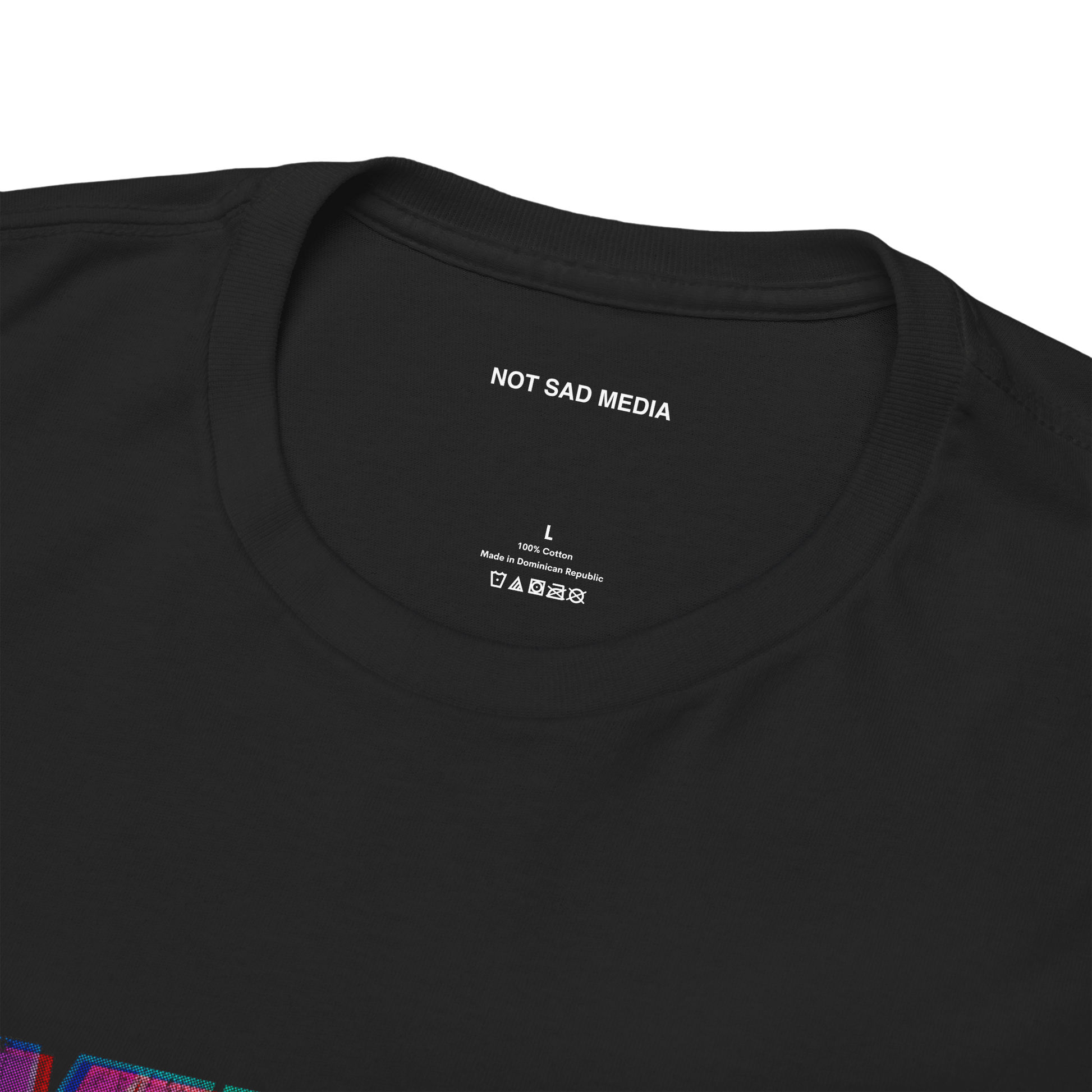 Black t-shirt with 'NOT SAD MEDIA' text on the collar 