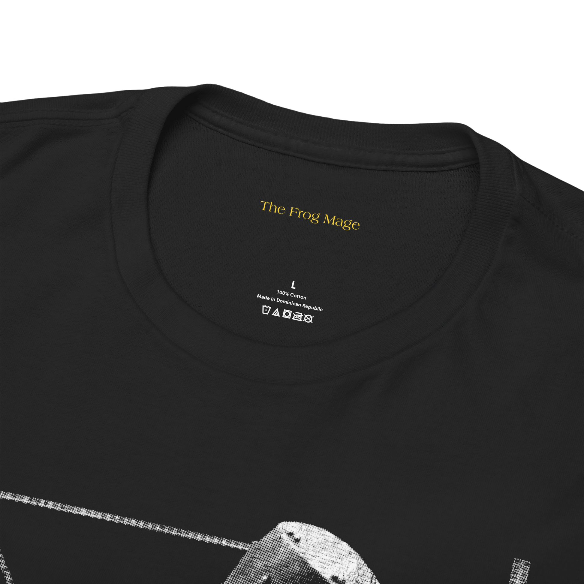 Black t-shirt with 'The Frog Mage' branding and graphic design 