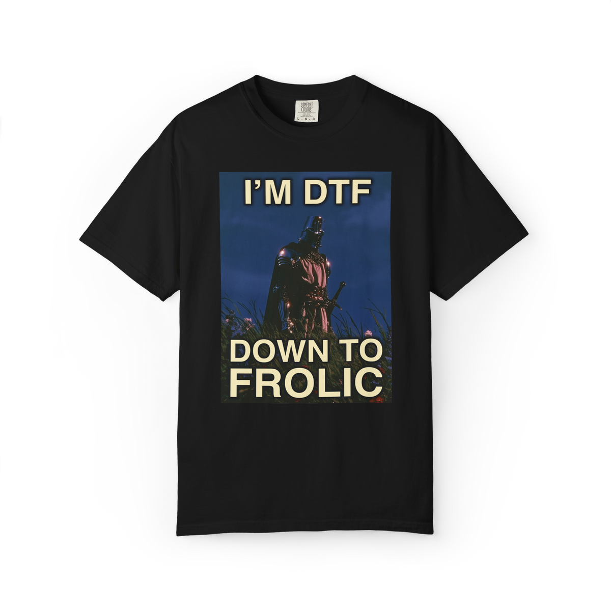 A black short-sleeve crewneck t-shirt featuring a graphic print of a Knight with the text 'I'M DTF' above and 'DOWN TO FROLIC' below in a retro poster style.