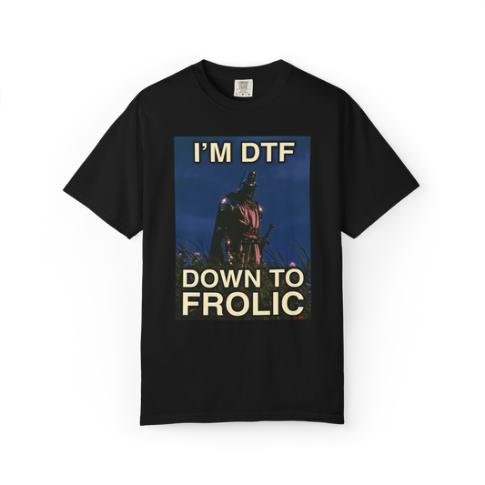 A black short-sleeve crewneck t-shirt featuring a graphic print of a Knight with the text 'I'M DTF' above and 'DOWN TO FROLIC' below in a retro poster style.