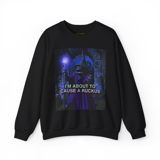 Black sweatshirt with a graphic print of a frog wizard and the text 'I'M ABOUT TO CAUSE A RUCKUS' on the front.