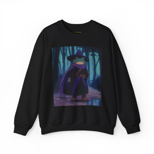 A black sweatshirt with a graphic print of the frog mage in anime style on the front, wearing a purple robe and a hat, standing in a forest setting.
