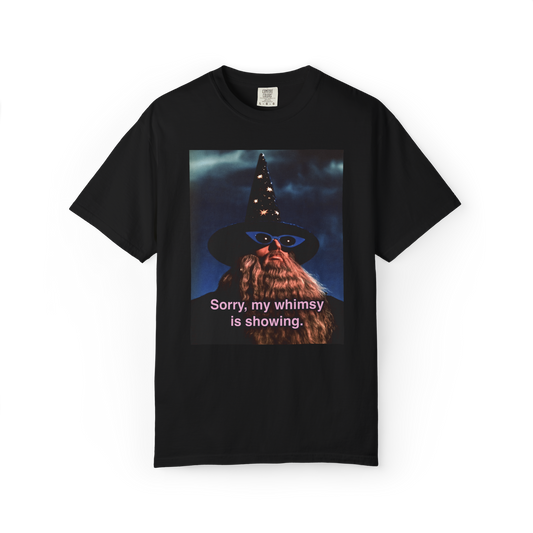 Black T-shirt featuring a wizard with silly glasses and text "Sorry, my whimsy is showing"