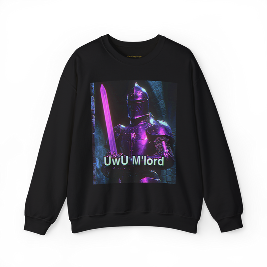 Black sweatshirt with a graphic of a knight in pink armor holding a pink sword and the text 'UwU M'lord' on the front.