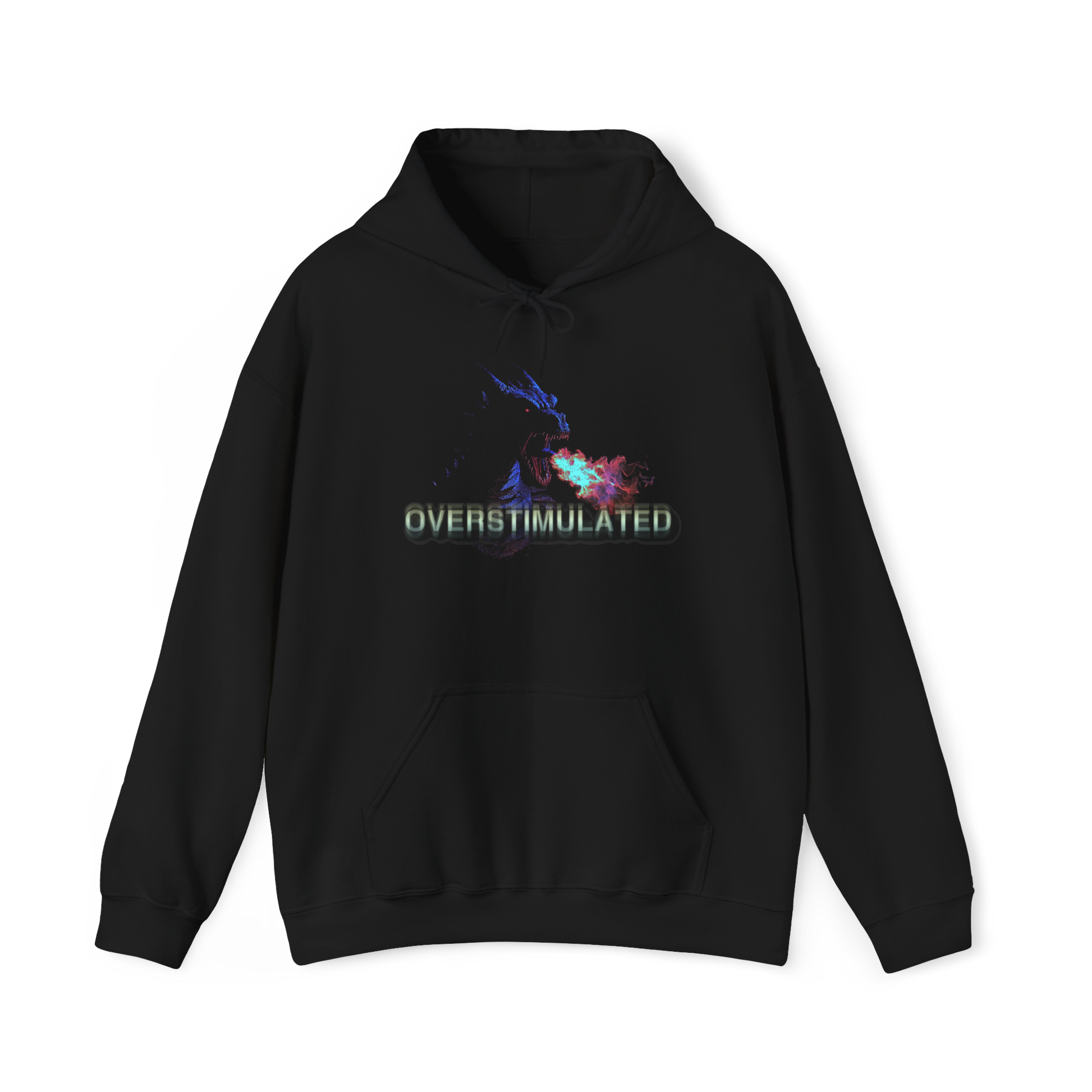 Hoodie featuring a dragon breathing fire with the text OVERSTIMULATED