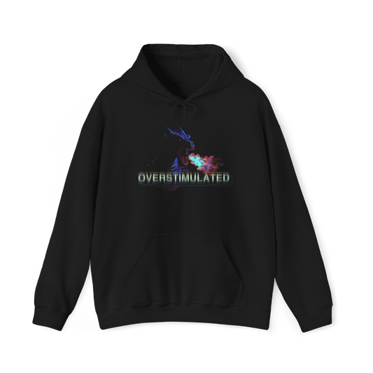 Hoodie featuring a dragon breathing fire with the text OVERSTIMULATED