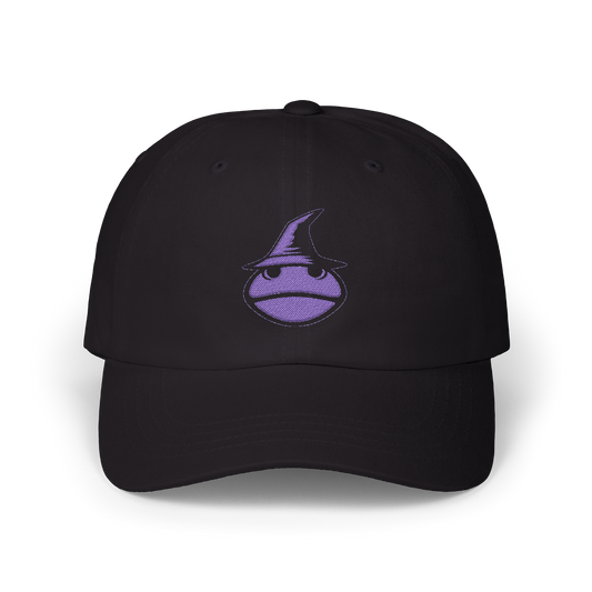 Black Dad Cap with The Frog Mage Purple Logo on the front