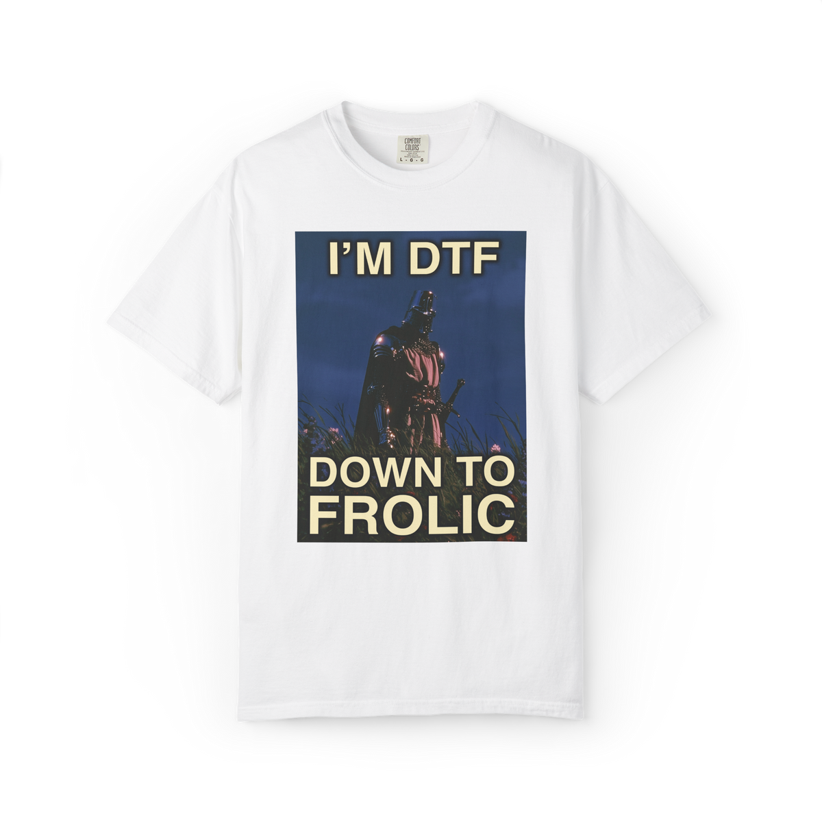 A white short-sleeve crewneck t-shirt featuring a graphic print of a Knight with the text 'I'M DTF' above and 'DOWN TO FROLIC' below in a retro poster style.