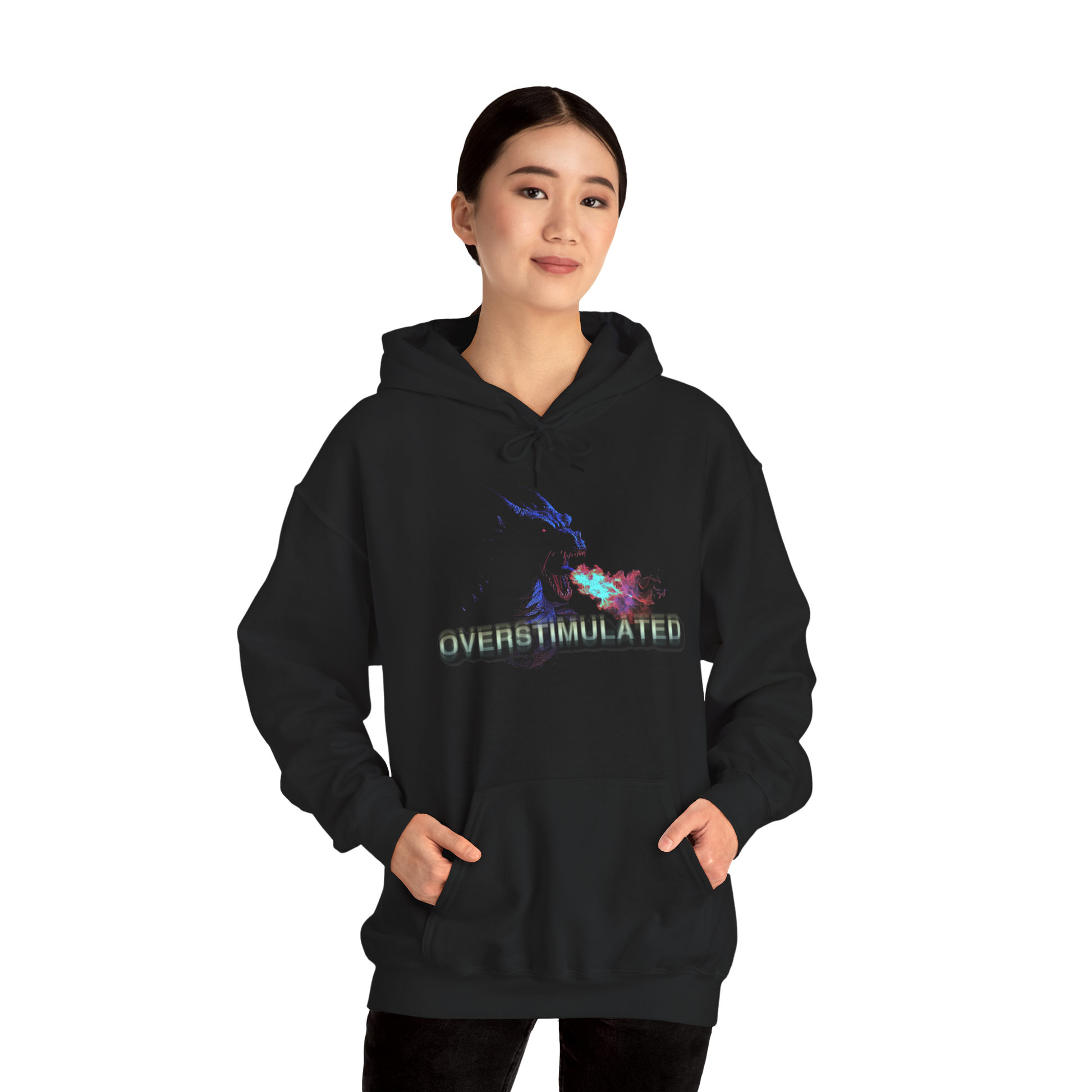 Woman wearing Hoodie featuring a dragon breathing fire with the text OVERSTIMULATED
