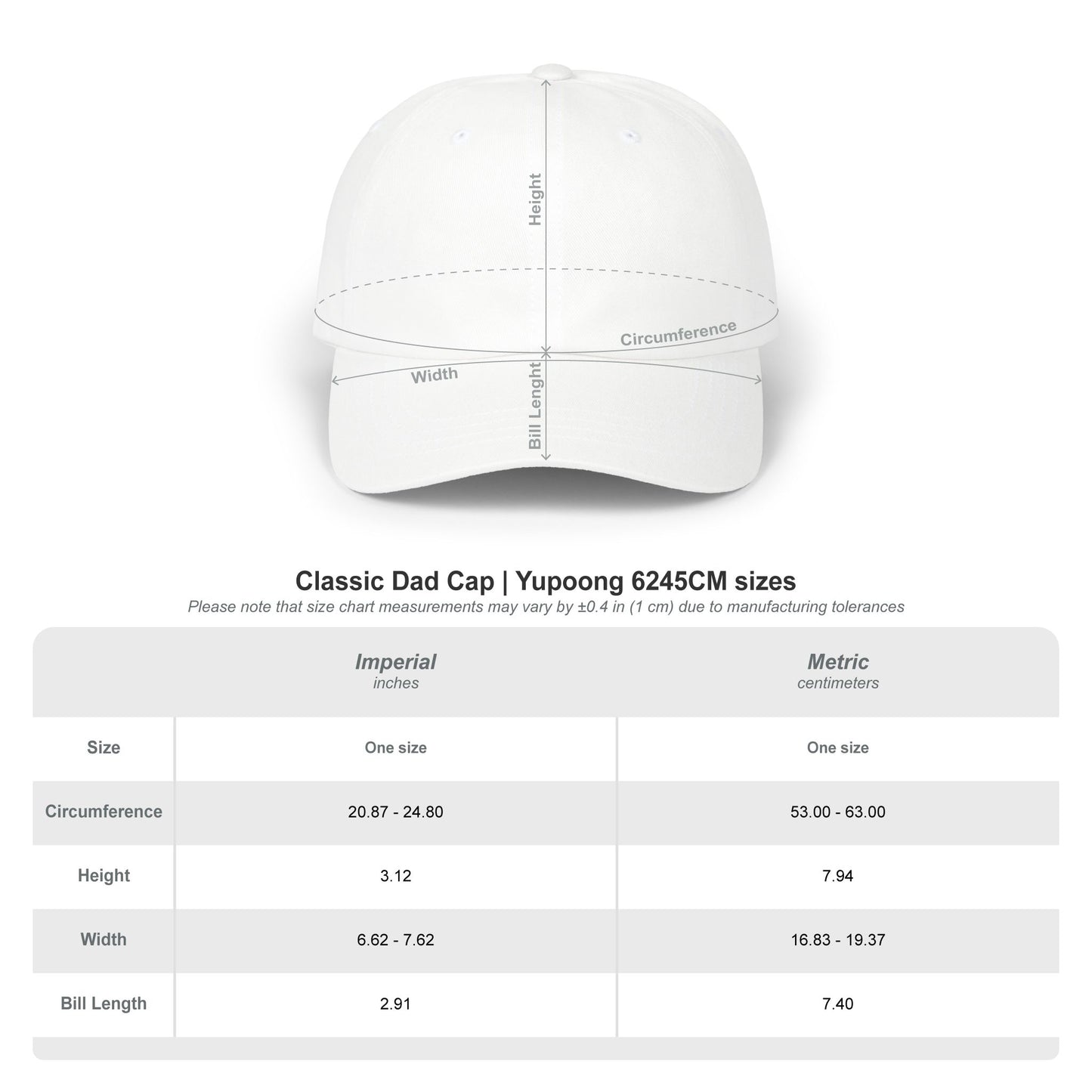 Size Chart for Classic Dad Cap