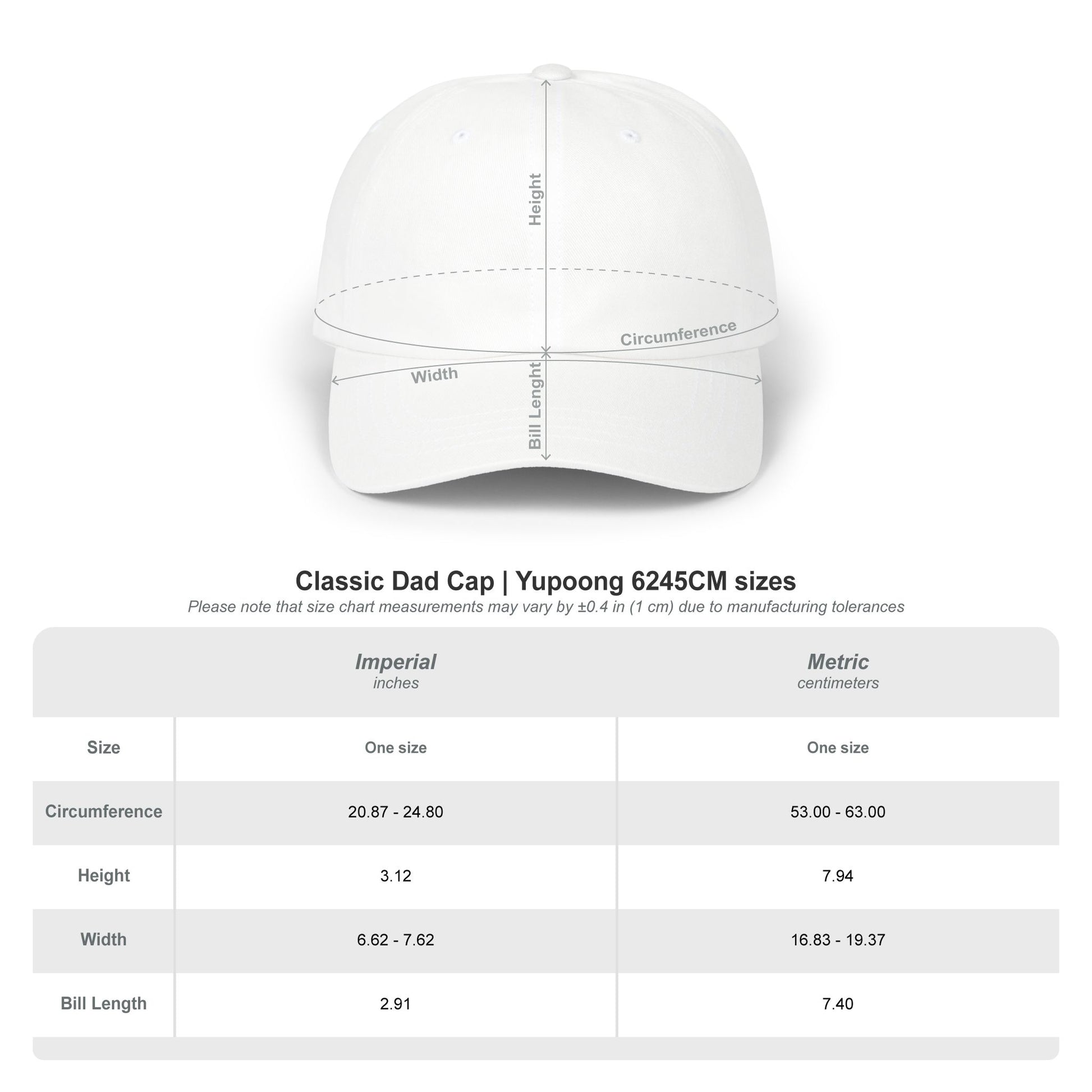 Size Chart for Classic Dad Cap